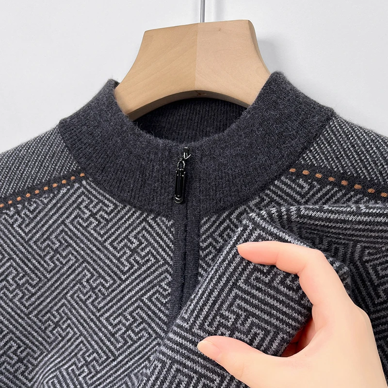 남성용 스플라이스 컬러 비즈니스 캐주얼 슬림핏 지퍼 풀오버 스웨터, 두꺼운 니트 아빠 스웨터, 가을 겨울 의류 상의