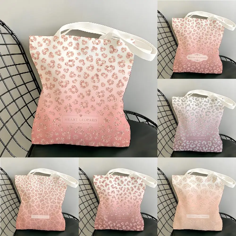 Ombre Pink Leopard Print Storage Bags Canvas Tote Bag Large Capacity Shoulder Shopper Eco Multi-Purpose Handbag