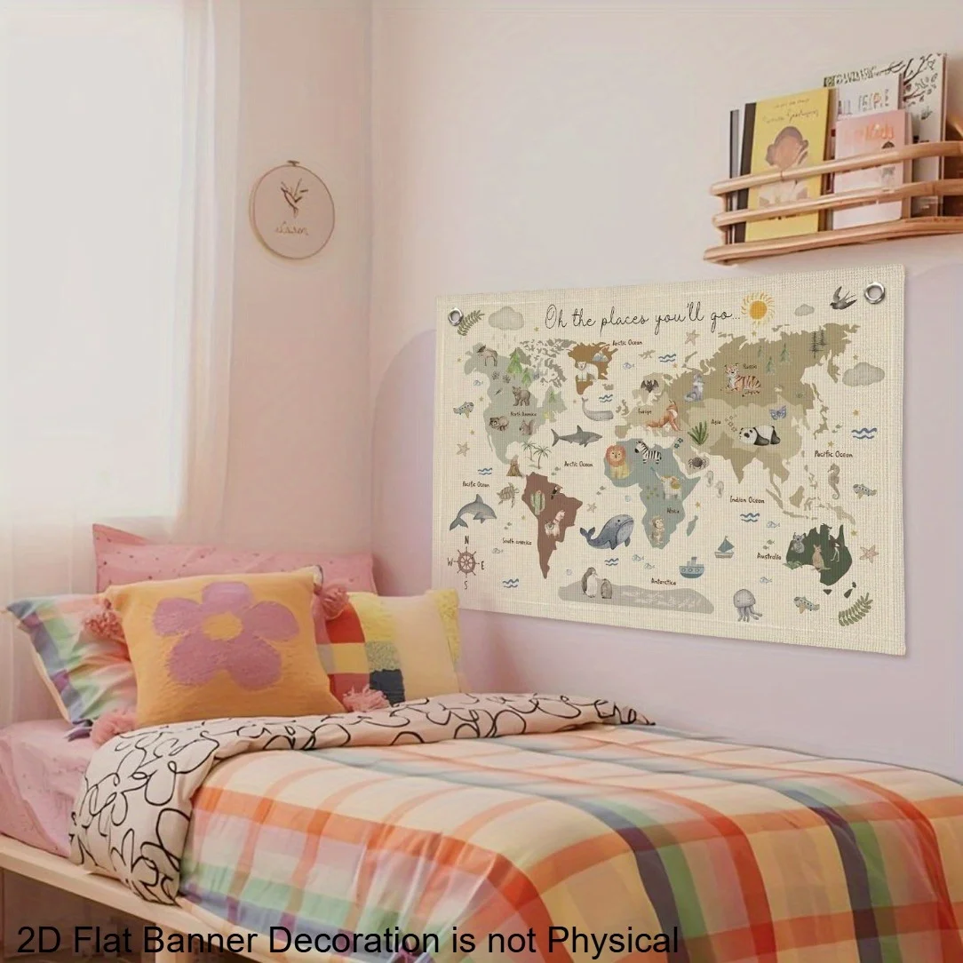 Banner plano 2D individual con mapa del mundo, ideal para decorar paredes en habitaciones o aulas. Esta linda tapicería educativ