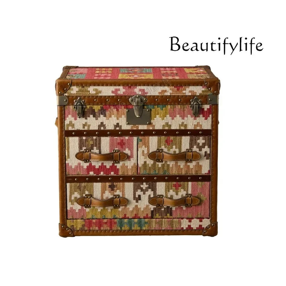 

XR Medieval Retro Oil Wax Leather Fabric Box Edge Few Living Room Sofa Corner Few Storage Cabinets Bedroom Bedside Table