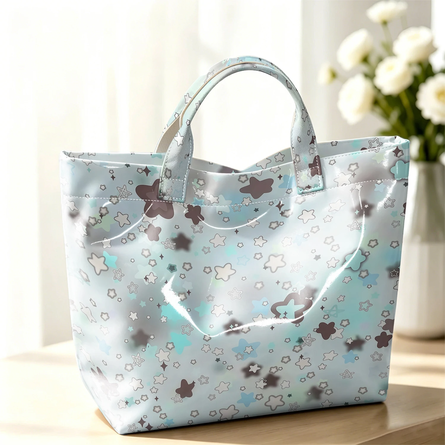 Pastel Floating Star Stylish Large Glossy PVC Tote Bag Washable Waterproof Durable Ideal for Travel Commute Cosmetics Handbags