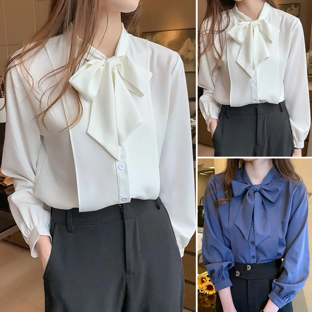 Fashion Bow Collar Long Sleeve Shirts Women Solid Vintage Classic Formal Business Chiffon Workwear Mujer New