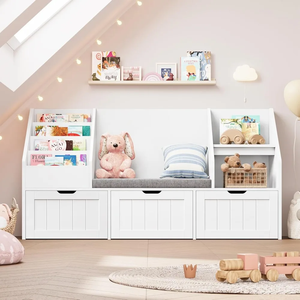 55.1’’ Kids Bookshelf with Reading Nook, Toy Storage Organizer with Seat Cushion and 3 Movable Drawers, Kids Reading Nook image 4