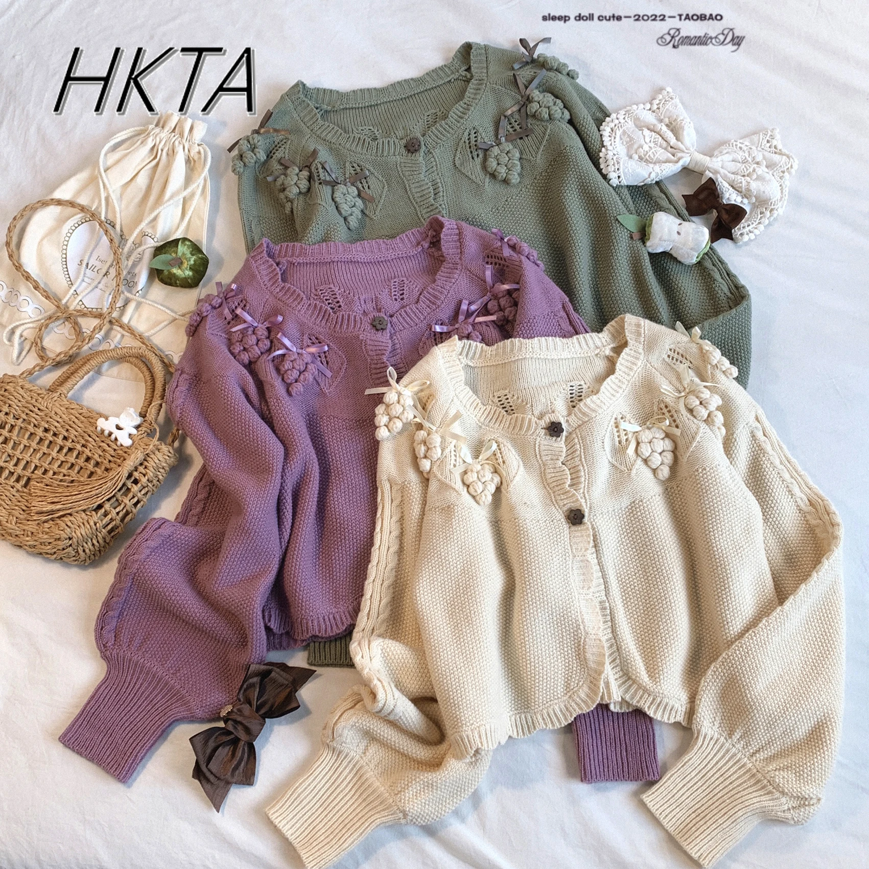 Lolita Kawaii Cute Sweater Coat Sweet Grape Garden Retro Lace Bow Sweaters Autumn and Winter Short Long-sleeved Knitted Cardigan