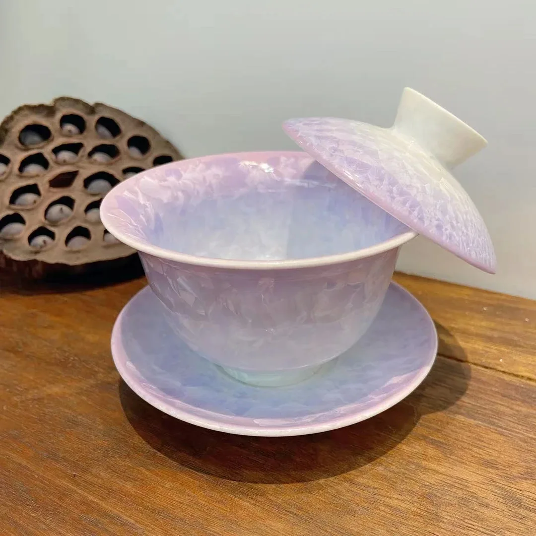 Star purple cup group gradual change purple ice crack ceramic tea room tea set cover bowl kung fu tea set gifts household