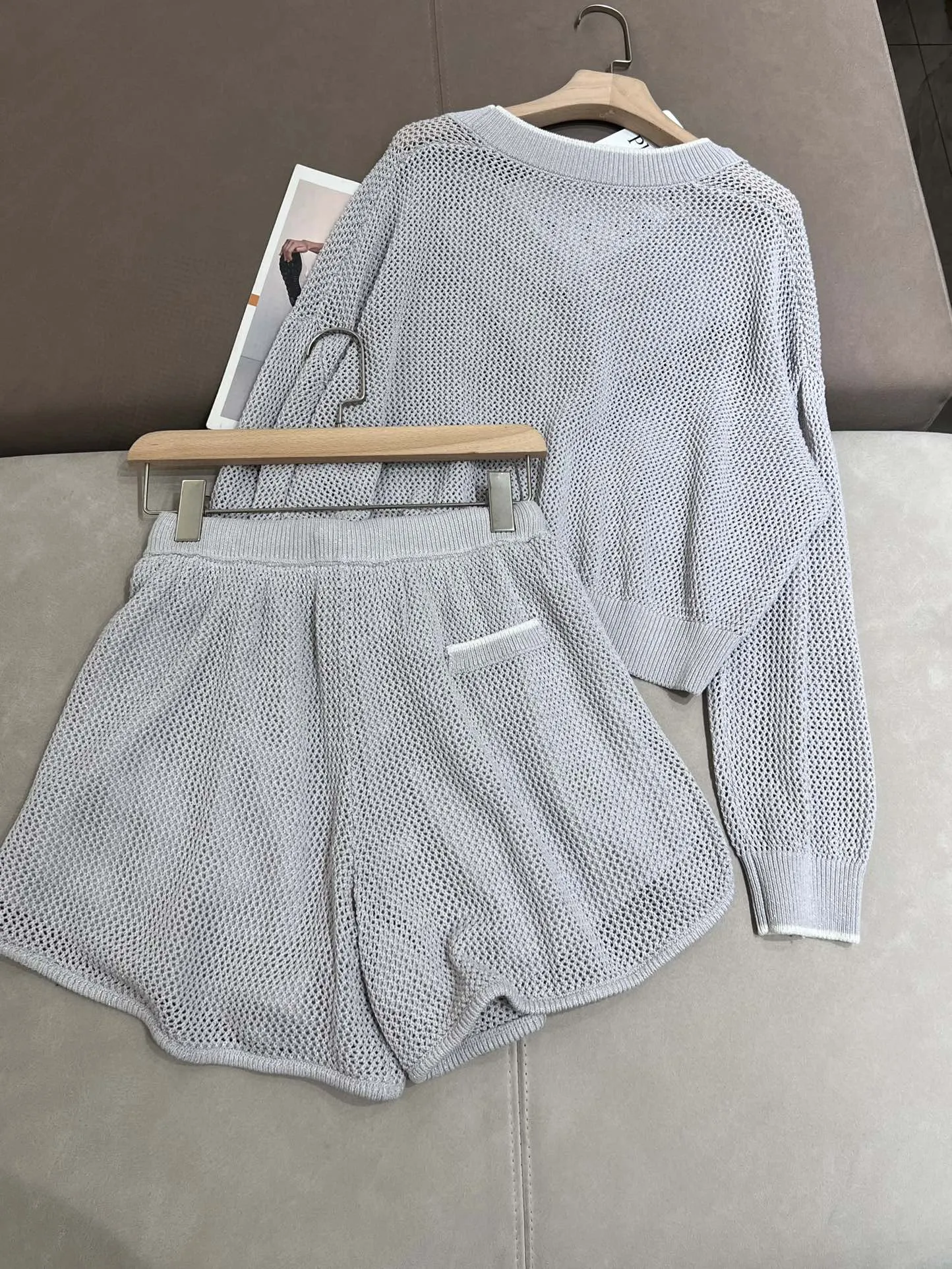 Summer casual sparkling knit yarn linen shorts suit