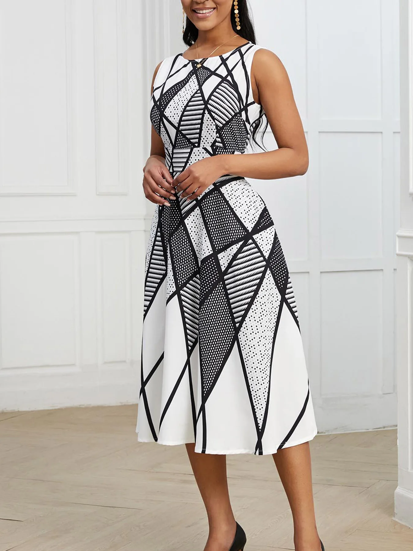 Women Summer Elegant Sleeveless Vintage Round Neck Work and Leisure Midi Geometric Print Party Swing Dress