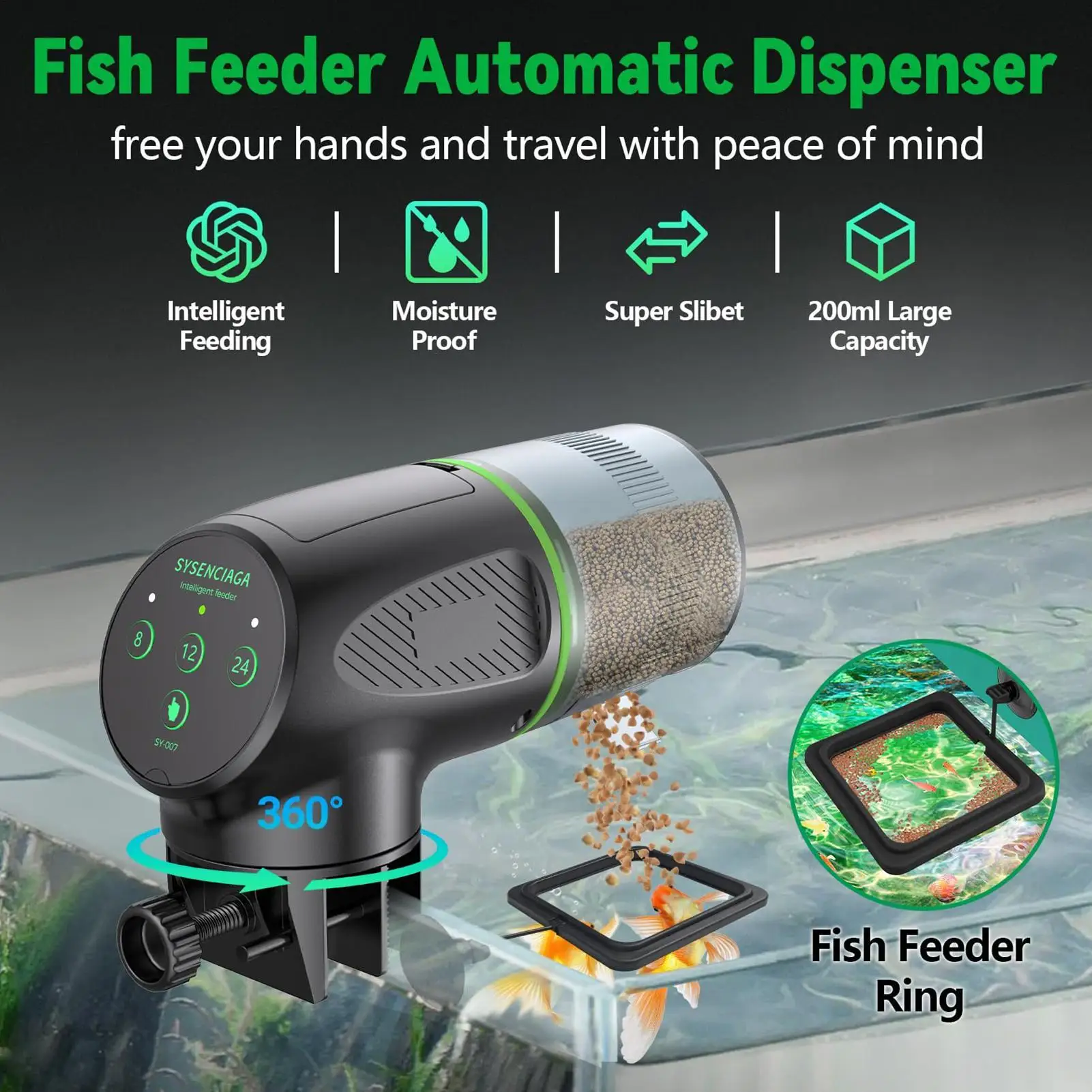 Alimentador automático de peces con rotación de 360 grados y temporizador, dispensador de 200 ml para acuario, alimentador automático de peces para estanque, Betta, alimentación durante vacaciones