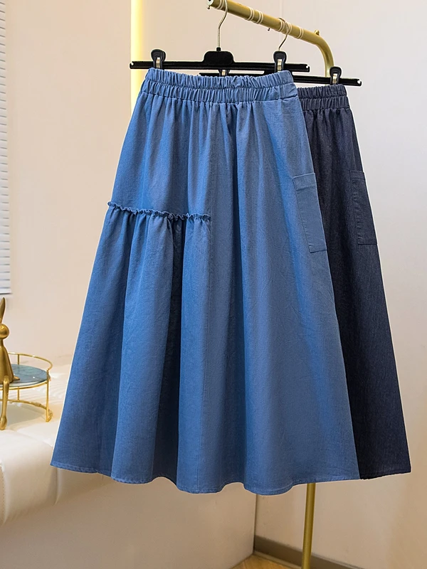 Blue Retro Denim A-Line Midi Skirt Women's Summer 2026 plus Size Beautiful Flared Skirt High Waist Midi Skirt with Pockets