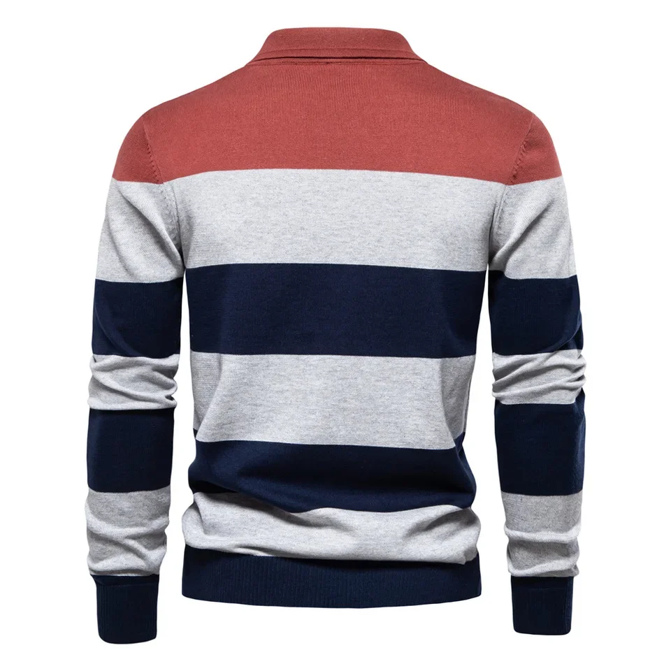 2025 Autumn New Fashion Men's Color-coded Striped Casual Trendy Turn-down Collar Long Sleeve Knitted Polo Shirts Male Clothes