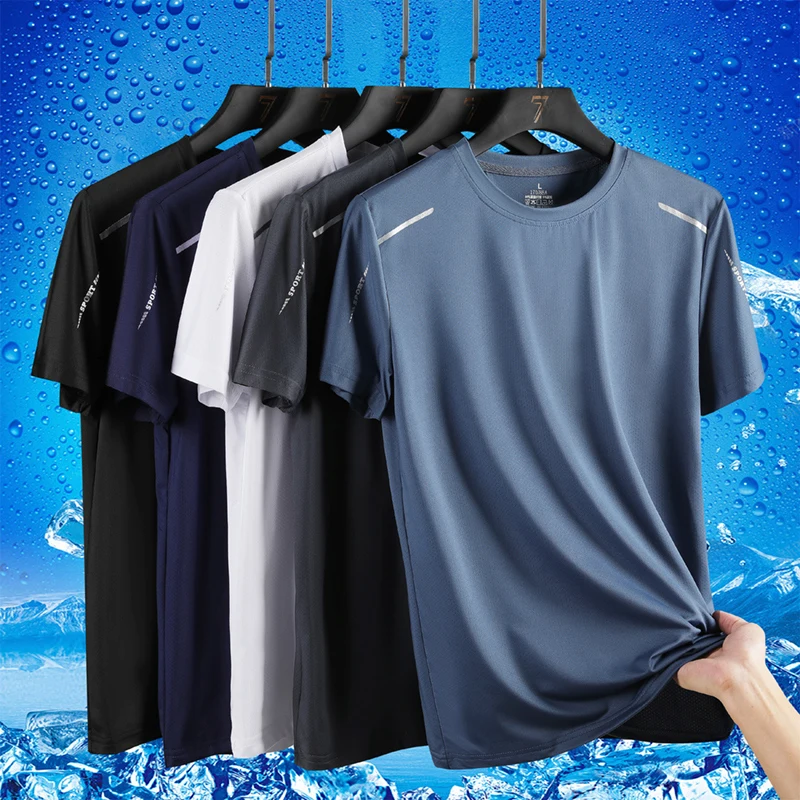 Ice Silk Short Sleeves Men\'s Summer Thin Sports Top Cool T-shirt, Elastic Mesh Breathable Outdoor New Quick Drying T-shirt