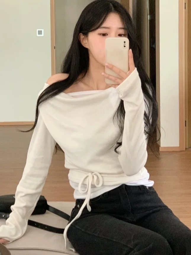 Cseta E de Primavera Antienvejecimiento de Un Solo Hombro y Manga Larga, Estilo Informal para Mujer, con Cordón Aju...