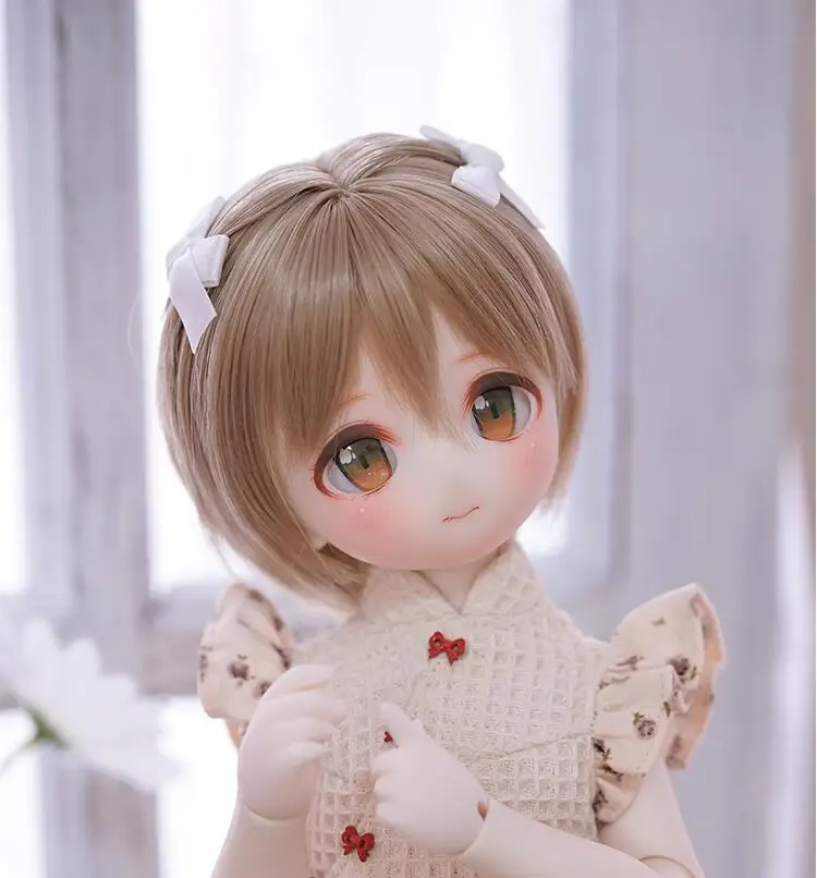 A20子供用おもちゃBJD DD SD MSD 1/3 1/4 1/6ドールアクセサリーかつら可愛い素敵なリボンショートヘアブラウンゴールドカラー1個