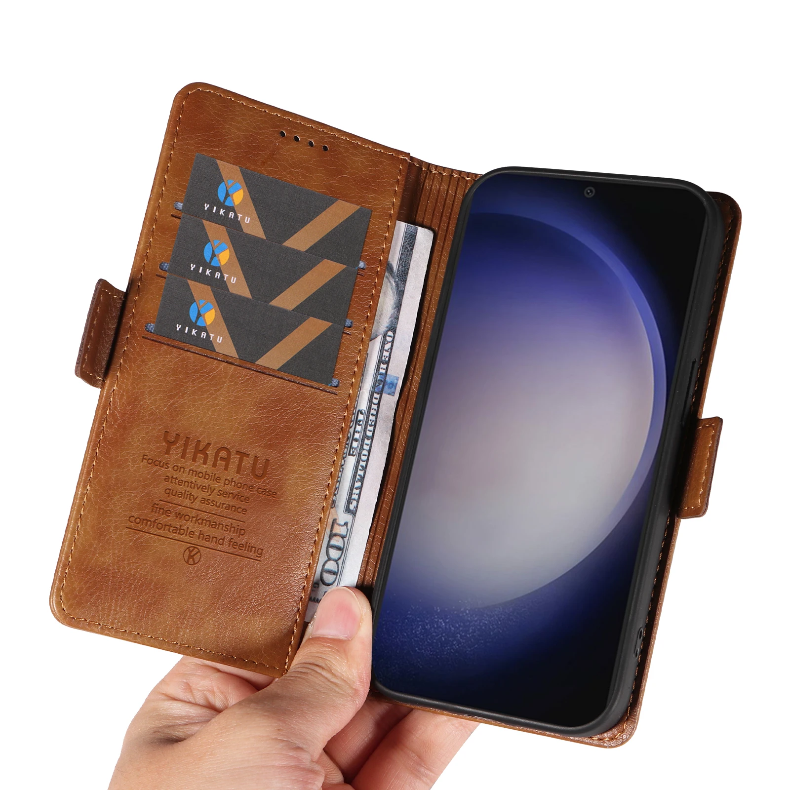 حافظة لهاتف سامسونج جالاكسي S 9 10 20 21 22 23 24 25 Plus Ultra FE ليتشي الحبوب الفاخرة بإبزيم جانبي لتخزين البطاقات والمال