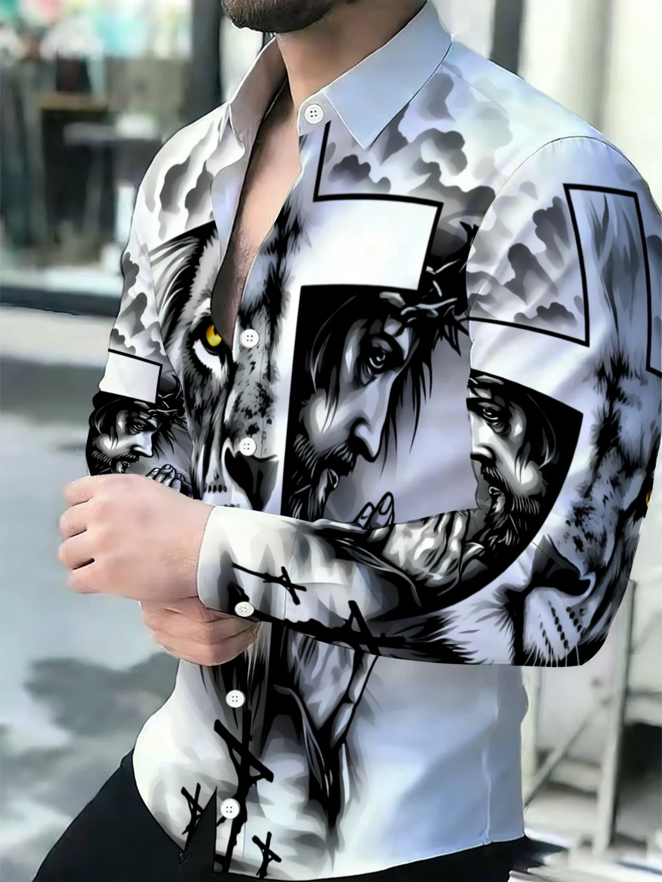 Men Lapel Collar Shirt Monochrome Tattoo‑Style Lion Jesus Cross Graphic Polyester Long‑Sleeve Top