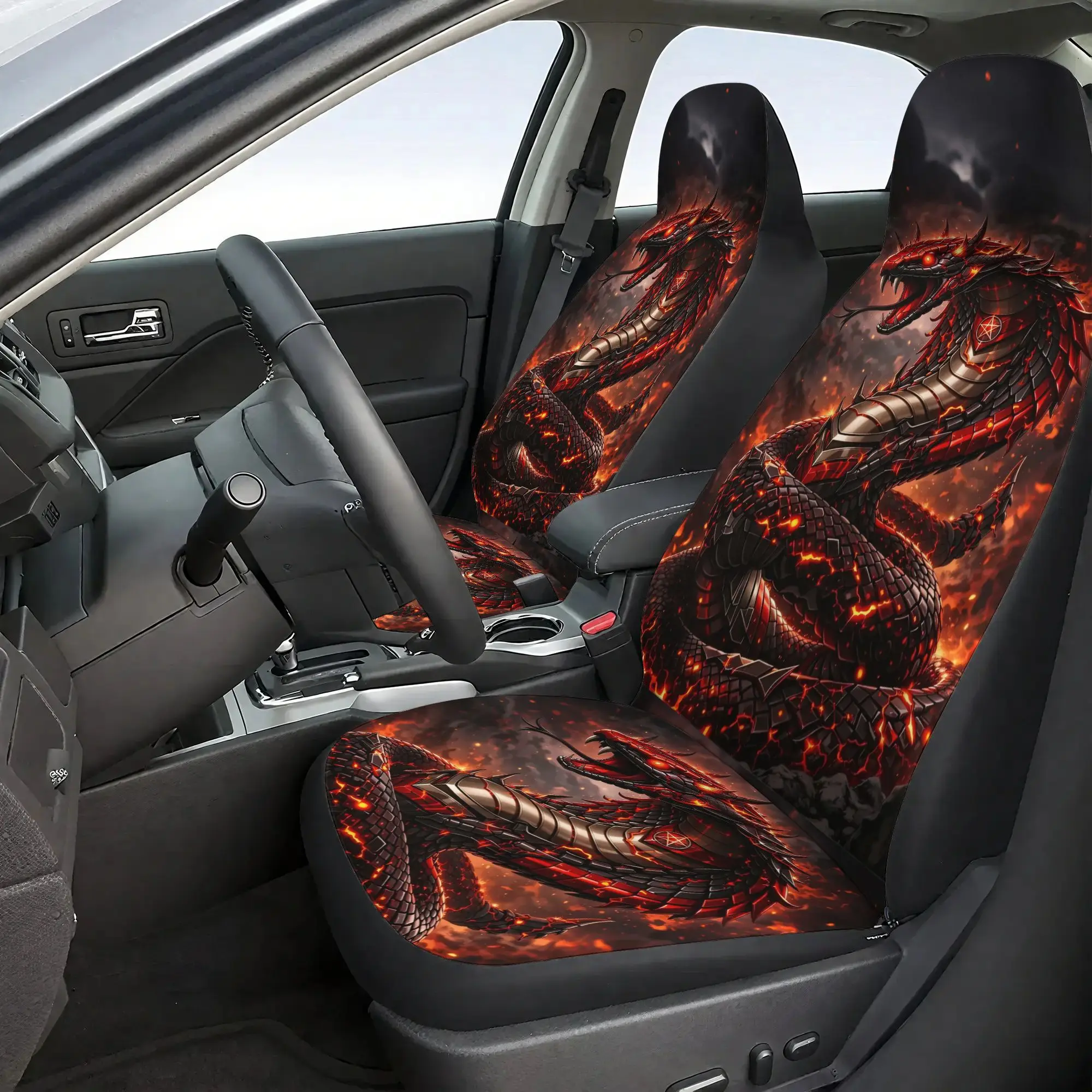 7pcs 2D Printed Lava Red Snake Print Car Seat Cover Set, Includes 2 Front And 1 Rear Bottom Cushion And 1 Rear Backrest And 3 He