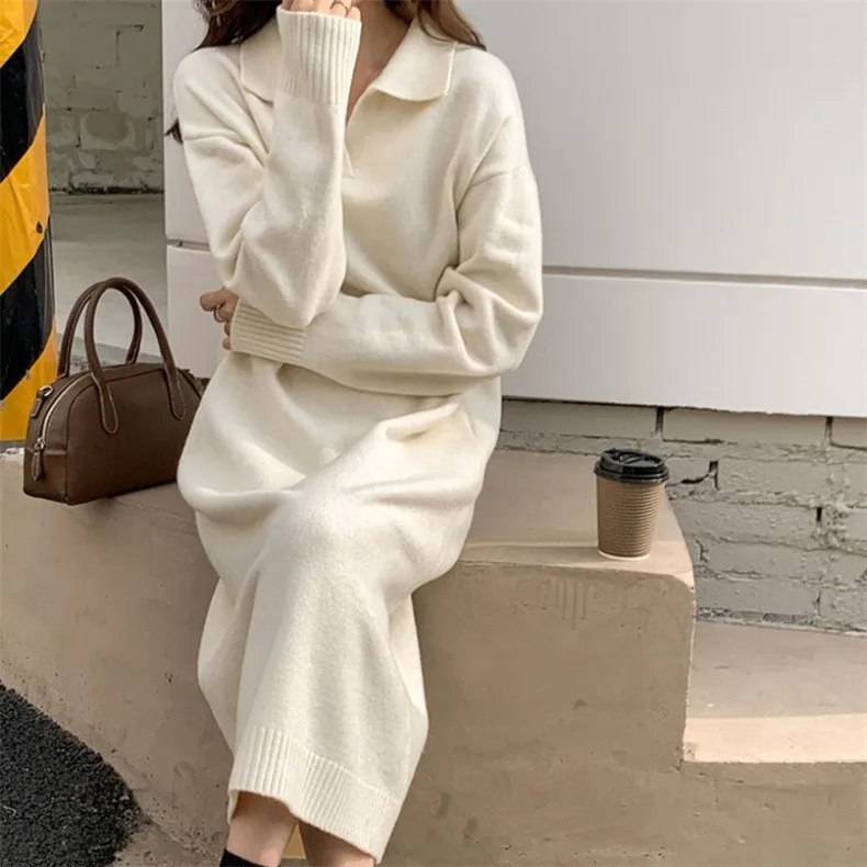 

Thi Knitted Autumn Winter Knee-Length Women's Dr Casual Sle High Waist Pure Color Long Sve Sweater Dr