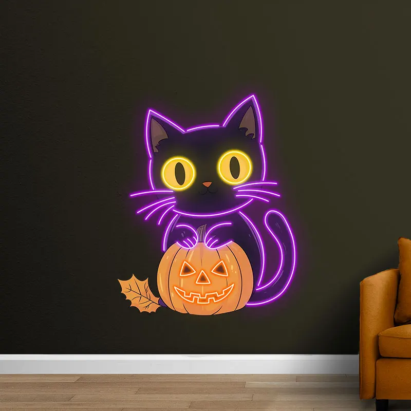 Halloween Black Cat & Pumpkin Neon Light, Cute LED Decoration for Halloween Party, Indoor Wall Decor, Spooky Vibes, Perfect Gift