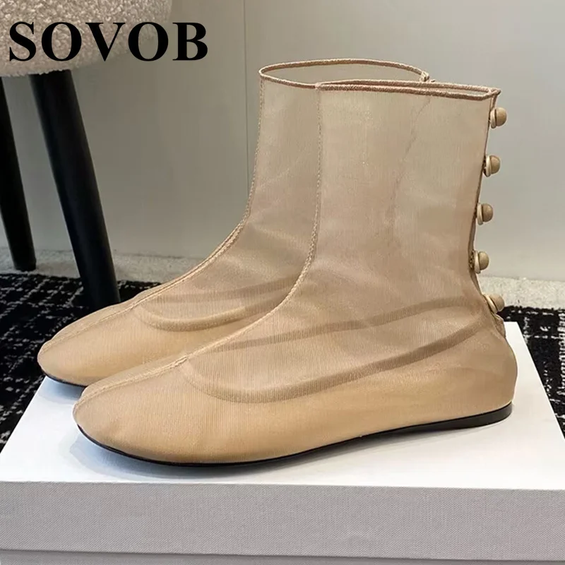 Women's Mesh Breathable Mid Calf Boots Women's Solid Color Button Round Toe English Style Bootes Spring Summer Short Boot 2024