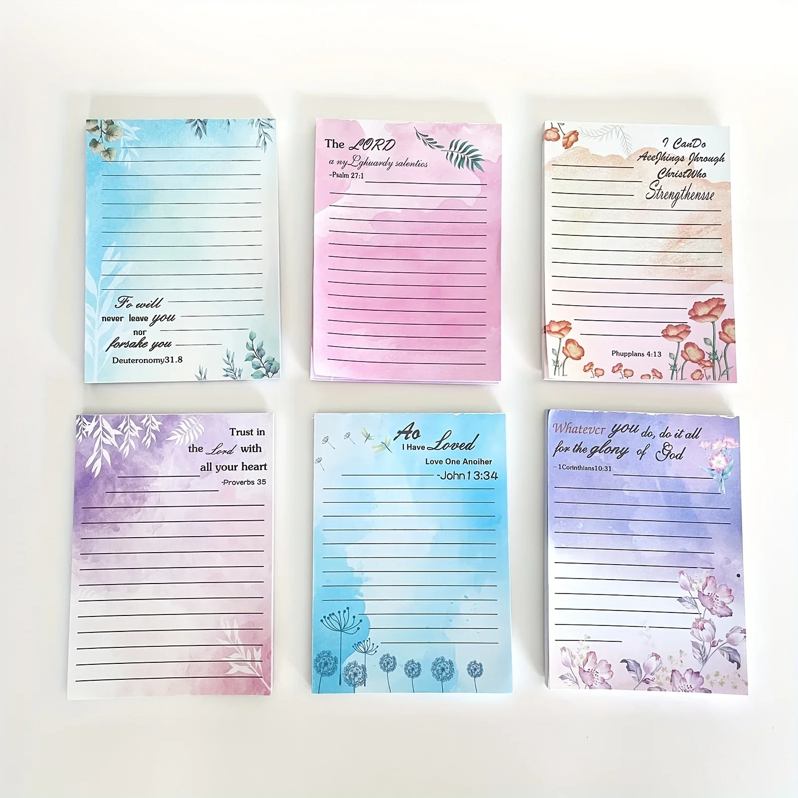 6 Styles Watercolor Floral Christian Bible Verse Notepads, Pastel Gradient Lined Scripture Note Pads, Religious Inspirational Writing Memo Pads for Church Journaling Daily Prayer Office Stationery