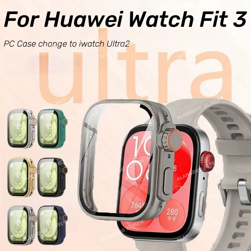 Hard PC Case Glass for Huawei Watch Fit 3 Full Cover Protector Bumper Shell change to iWatch Ultra2 Screen Protector cases