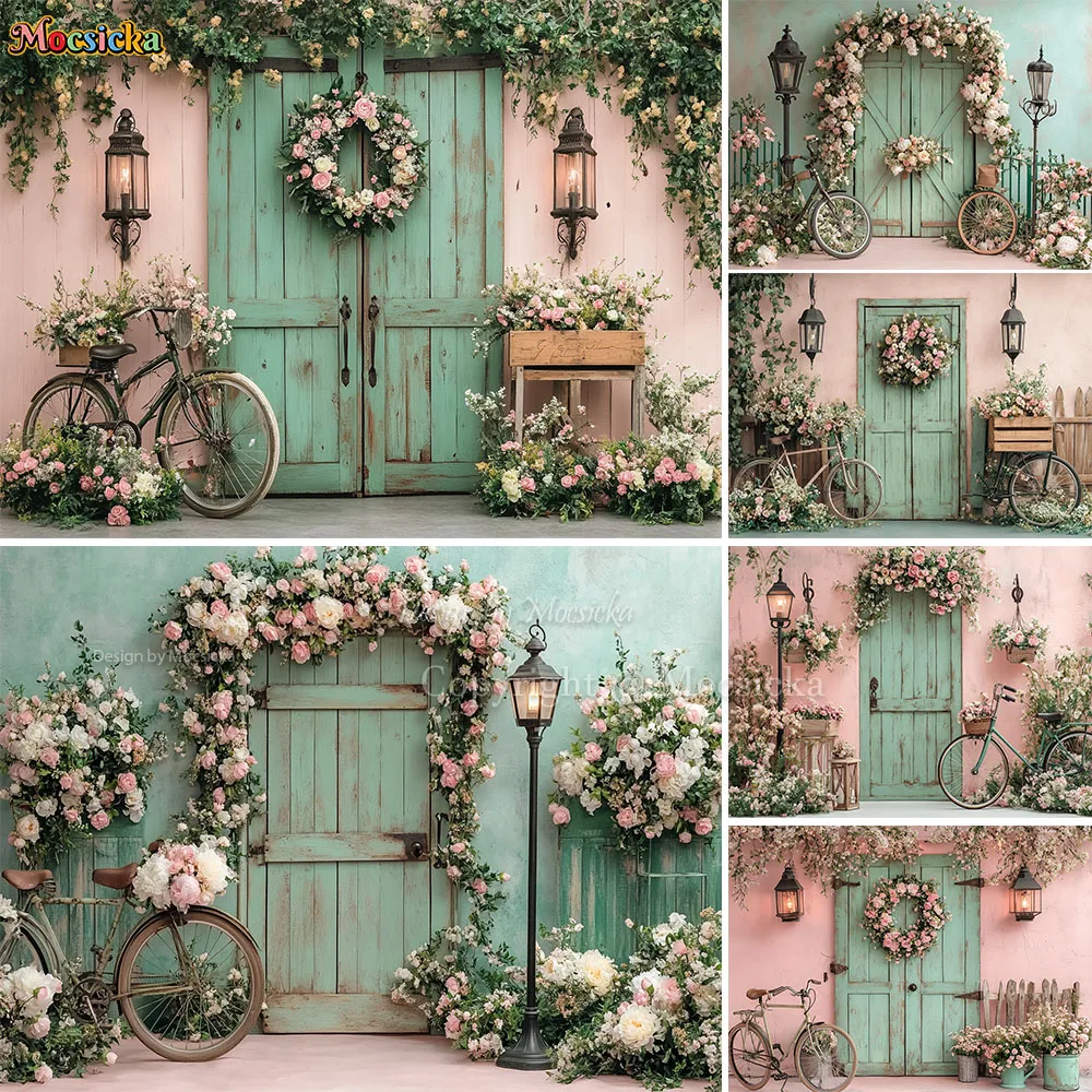 Spring Flower Garden Background Photography Green Wooden Door Bicycle Lantern Backdrop Decor Girl Adult Birthday Photo Studio
