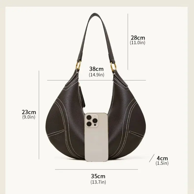 Large Capacity Shoulder Bag Genuine Leather Casual Relaxed Style, Spacious, Soft Durable Handbag, Fashionable Casual Horn-Handle - view 6