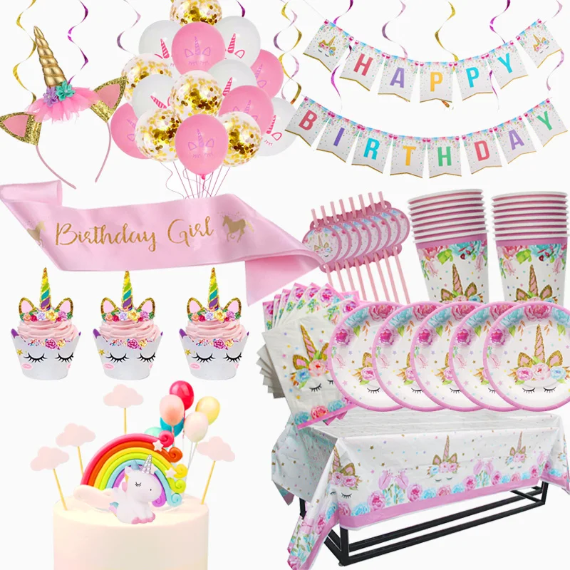 Juego de vajilla desechable de unicornio para niñas, suministros de fiesta de cumpleaños, platos, vasos, servilletas, Pancarta, suministros para Baby Shower