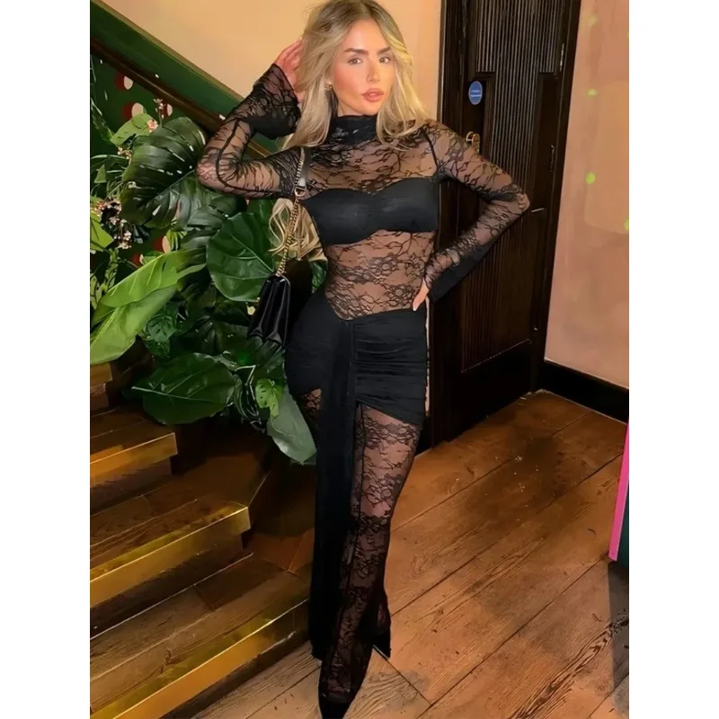 

2026 Autumn Winter Lace Jumpsuits Women Sexy Long Sleeve Bandage Black Bodysuit See-through One Piece Party Club Overalls