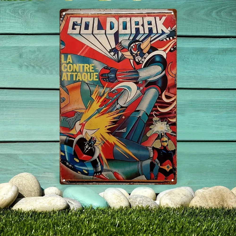 Retro Metal Sign Plaque A Classic Anime Goldorak  Painting, Robot Battle Scene Recreation in Vintage Nostalgic Style