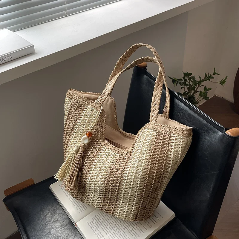 

2024 Vintage Straw Bags for Women Summer Beach Striped Shoulder Bucket Bag Fashion Woven Rattan Tote Bag Bohemian Top-handle Bag