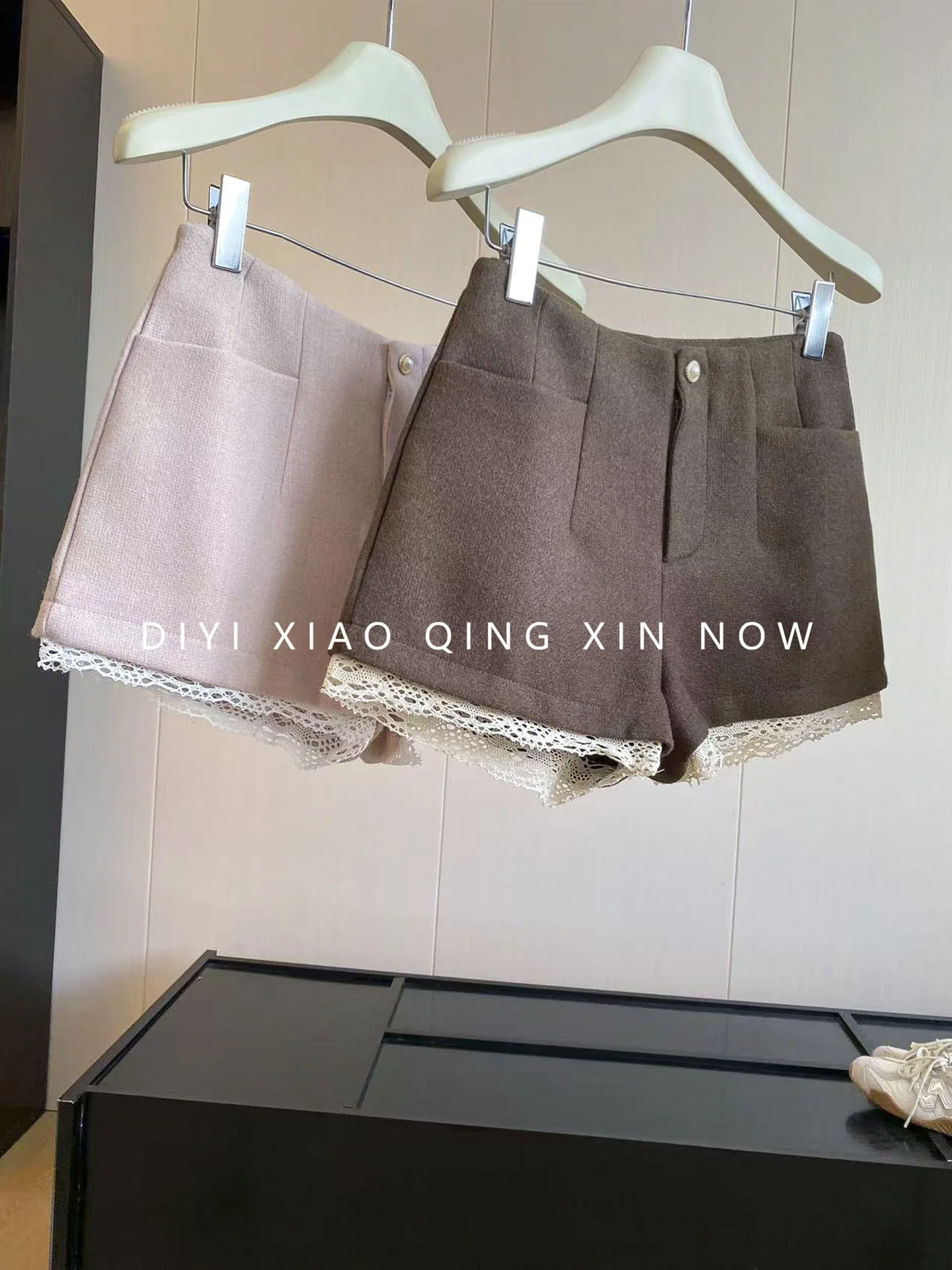 DIYI Proportional Talent Autumn Winter A-Line Short Pants Lace Trim Slimming Versatile Woolen Trousers High Waist Polyester F...