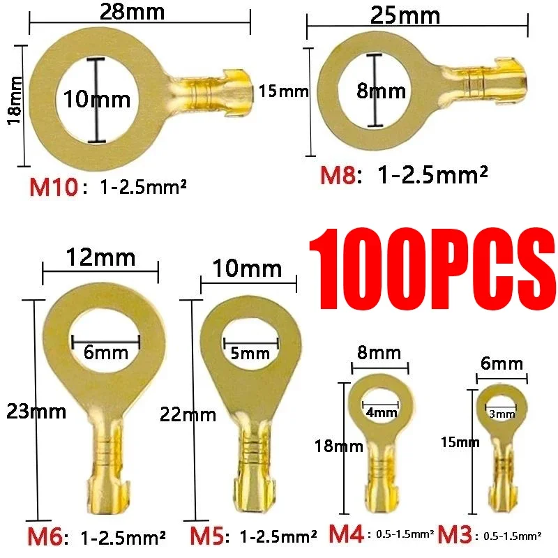 100PCS Ring Crimp Terminal Lugs Electrical Wire Cable Connectors Gold Brass M3 M4 M5 M6 M8 M10 O-Shoe Type Plug for Splice Screw