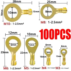 Terminales de crimpado de anillo de piezas, conectores de Cable eléctrico, latón dorado, M3, M4, M5, M8, M10, enchufe tipo zapata para tornillo de empalme, 100