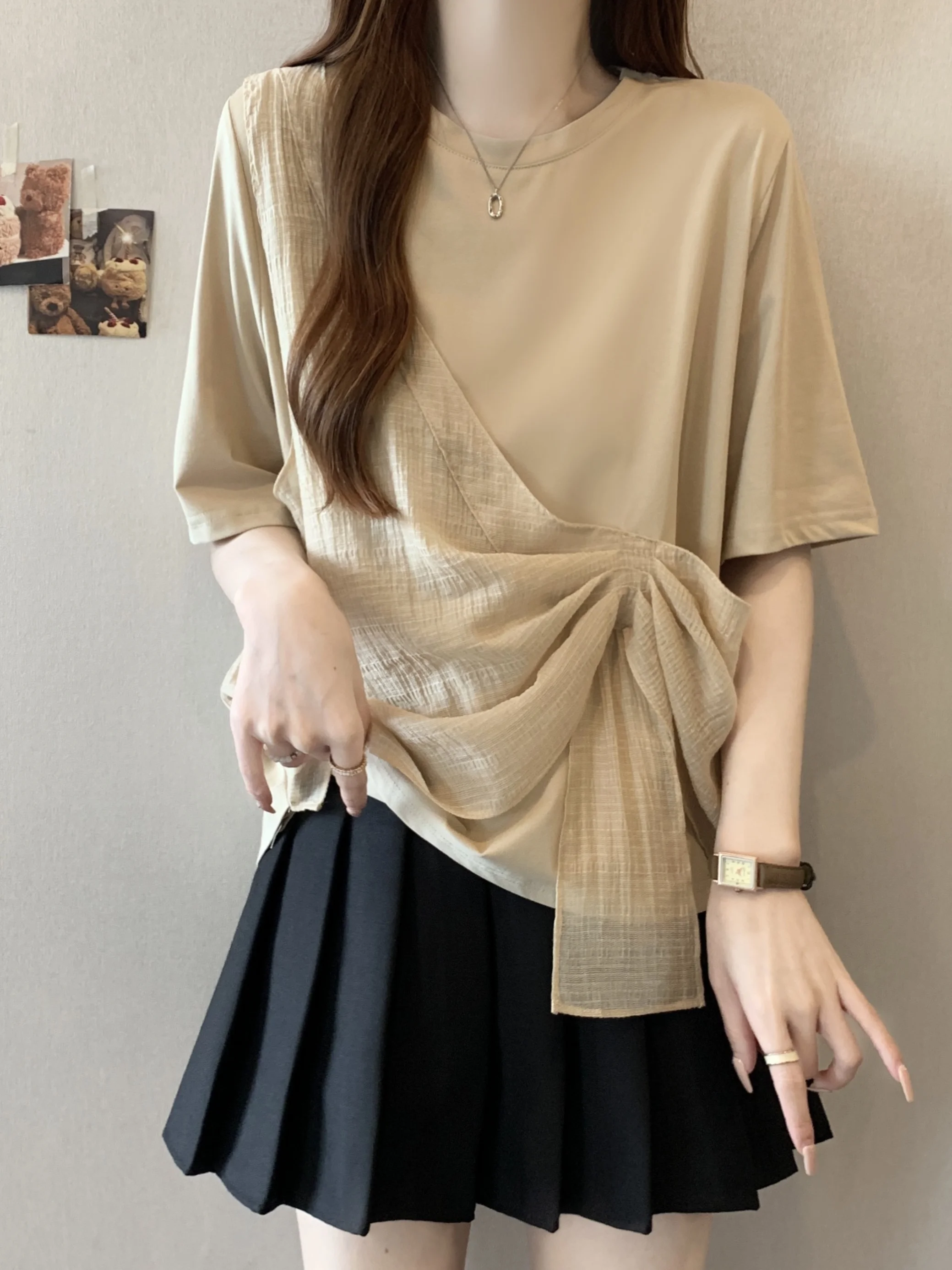 

plus Size Irregular Mesh Splice Fake Two-Piece Short Sleeve T-Shirt Women Summer Loose Belly Covering Slimming Top Princess S...