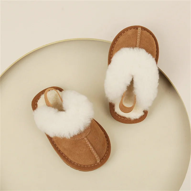 New Winter Baby Shoes Leather Warm Plush Toddler Kids Slipper Shoes Rubber Non-slip indoor Fashion Little Girls Slipper