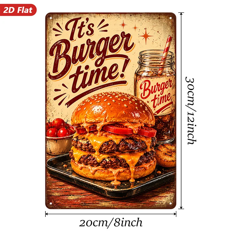 2D Flat, 1pc Metal Sign Wall Art, Burger - Themed Home Decor, Retro Style, Food Pattern, for Kitchen, Dining Room,