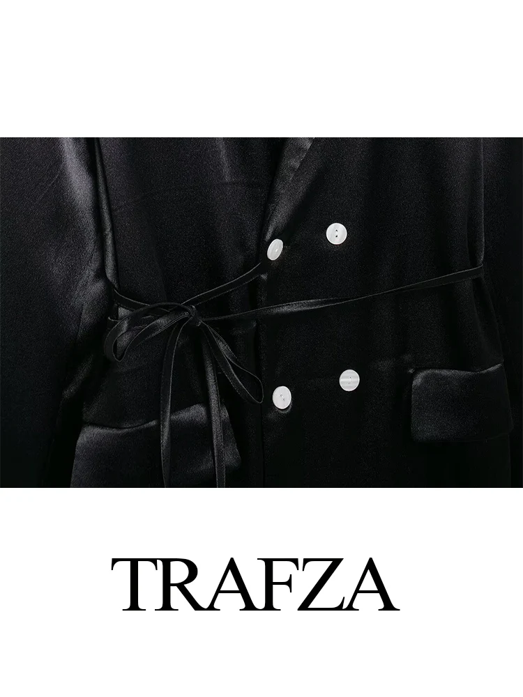 TRAFZA Women Autumn New 2-Piece Set Long Sleeve Double-Breasted Draped Blazer+Commuting Bow Embellished Silk Satin Textured Pant