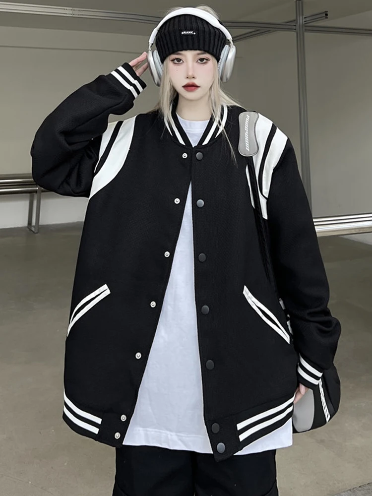 

2022 Winter New American Baseball Jackets Coat Patchwork Korean Harajuku High Street Loose Single Breasted Coat For Women