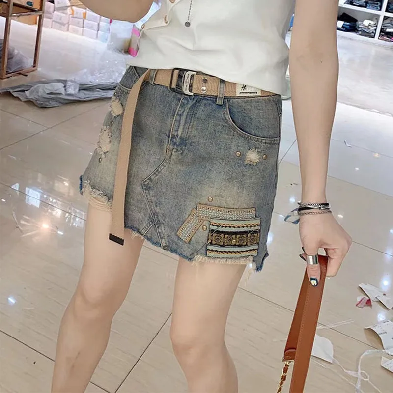 

Vintage Do The Old Denim Skirt Women High Waist Hole Patchwork Sexy Bag Hip Mini Skirt s220