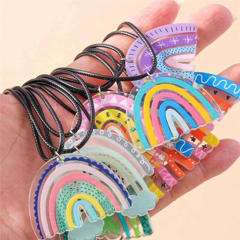 Aihua Colorful Rainbow Necklace for Women Leather Rope Chain Cloud Rainbow Pendant Necklace Cute Summer Beach Jewelry Gifts