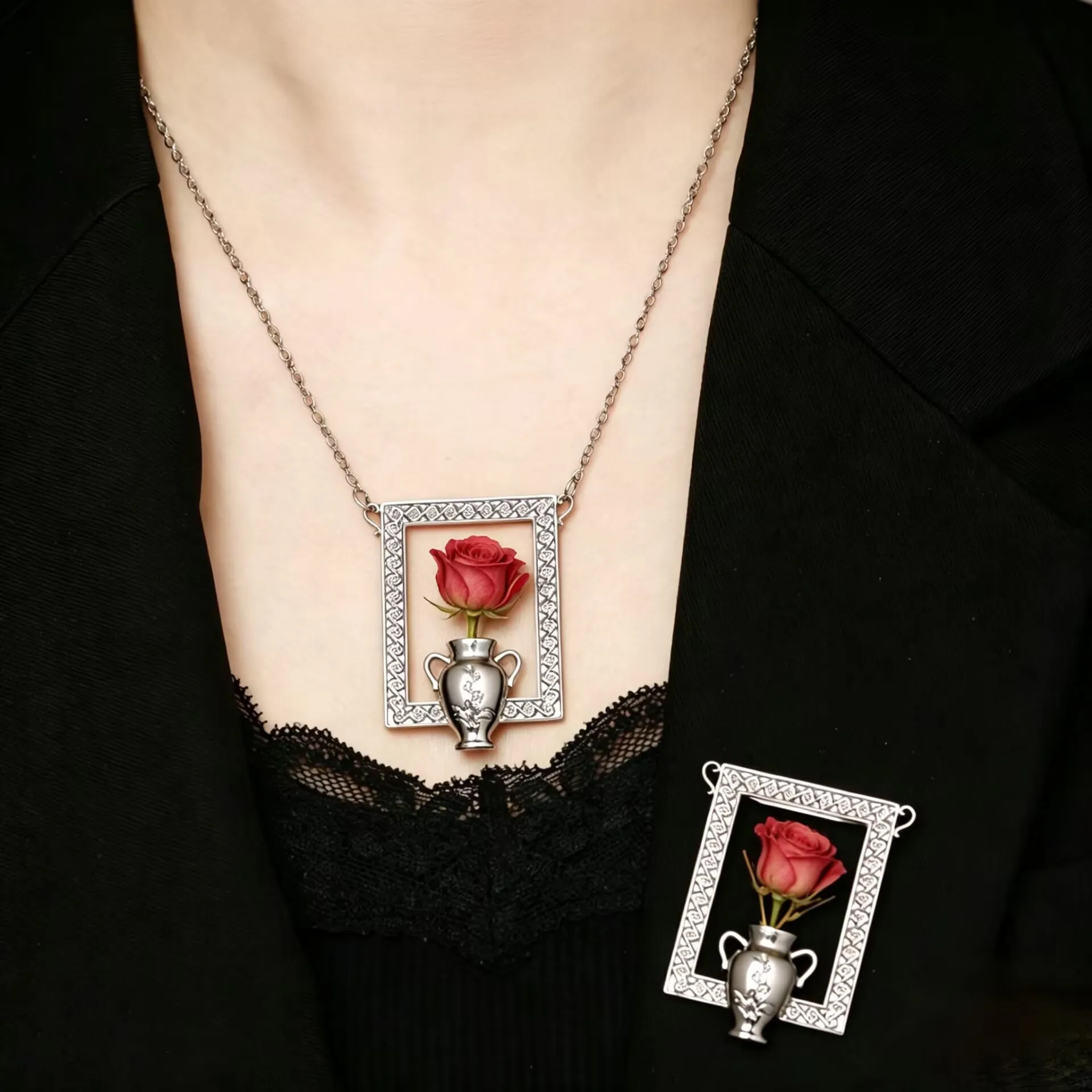 Vintage Can Arrange Flowers Floral Carved Vase Photo Frame Pendant Necklace Artistic Style Collarbone Chain Brooch Women Jewelry