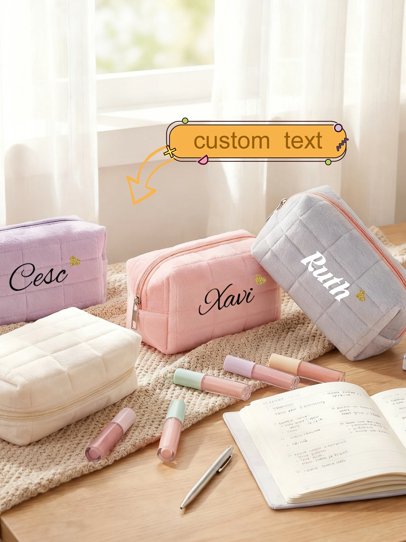 Custom Name Grid Quilted Plush Pen Bag Personalized Heat Transfer Zipper Pencil Case Capacity Stationery Storage Back to School