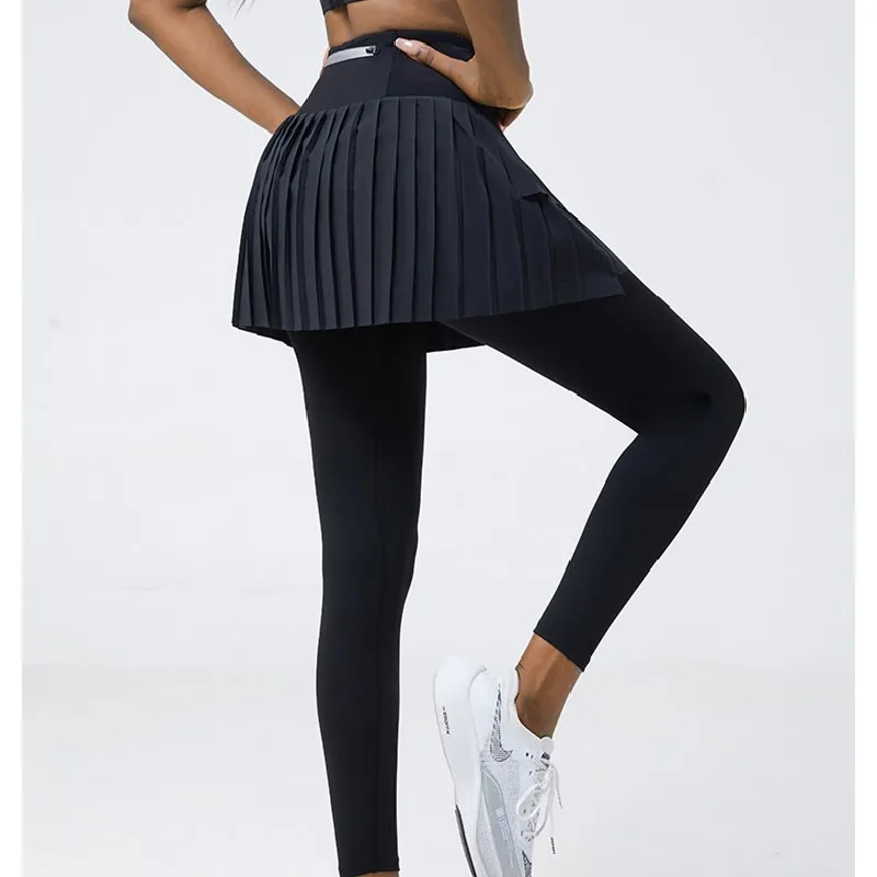 Women High Waist Double Layer Pleated Skirt Legging Sports Golf Tennis Skirts Fake Two Skirt + Pants Gym Fitness Run Yoga Skort