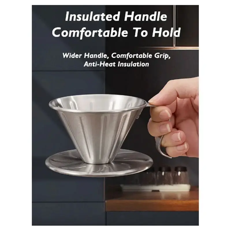 CQMF-Coffee Dripper With Holder Kitchen Coffee Strainer Coffee Accessories Thickened 304 Stainless Steel Pour-Over Coffee Filter