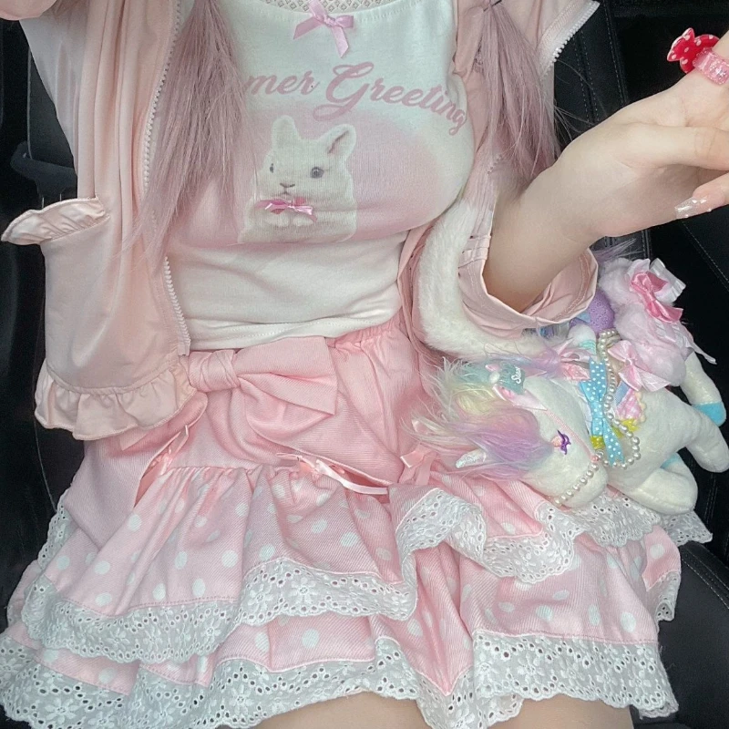 Mini-saia de renda em bolinhas linha A feminina, saia A-line, cintura alta, arco fino, kawaii, doce saia japonesa Lolita, estética, Y2k