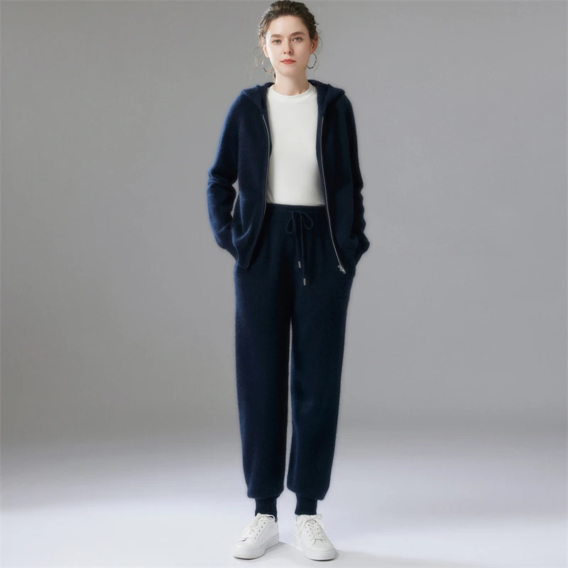 100% cashmere set women's hooded knitted zipper cardigan, casual elastic waist sweatpants, autumn and winter thick two-piece set