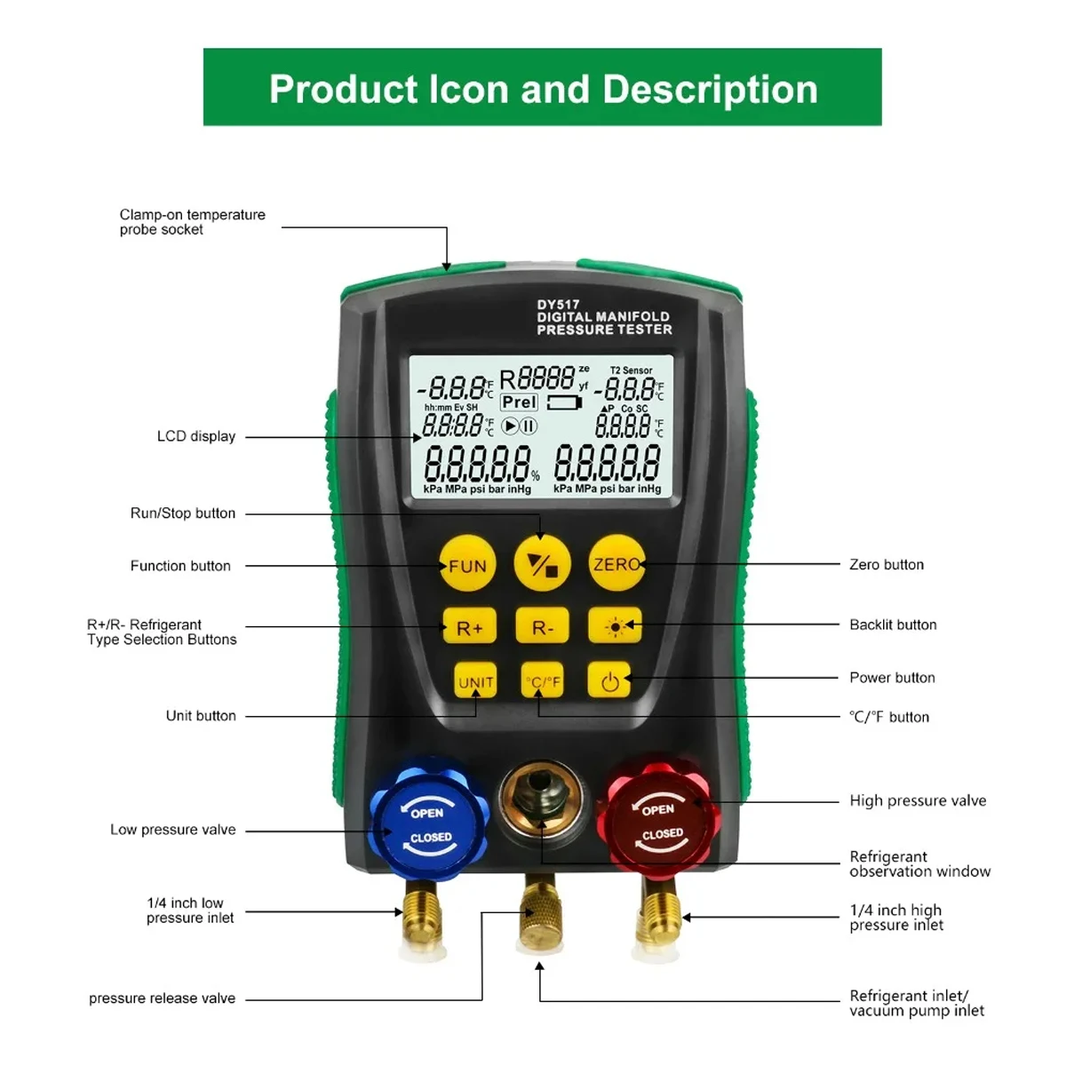 Electronic digital display pressure gauge Refrigeration vacuum pressure tester air conditioning fluoride tester digital display