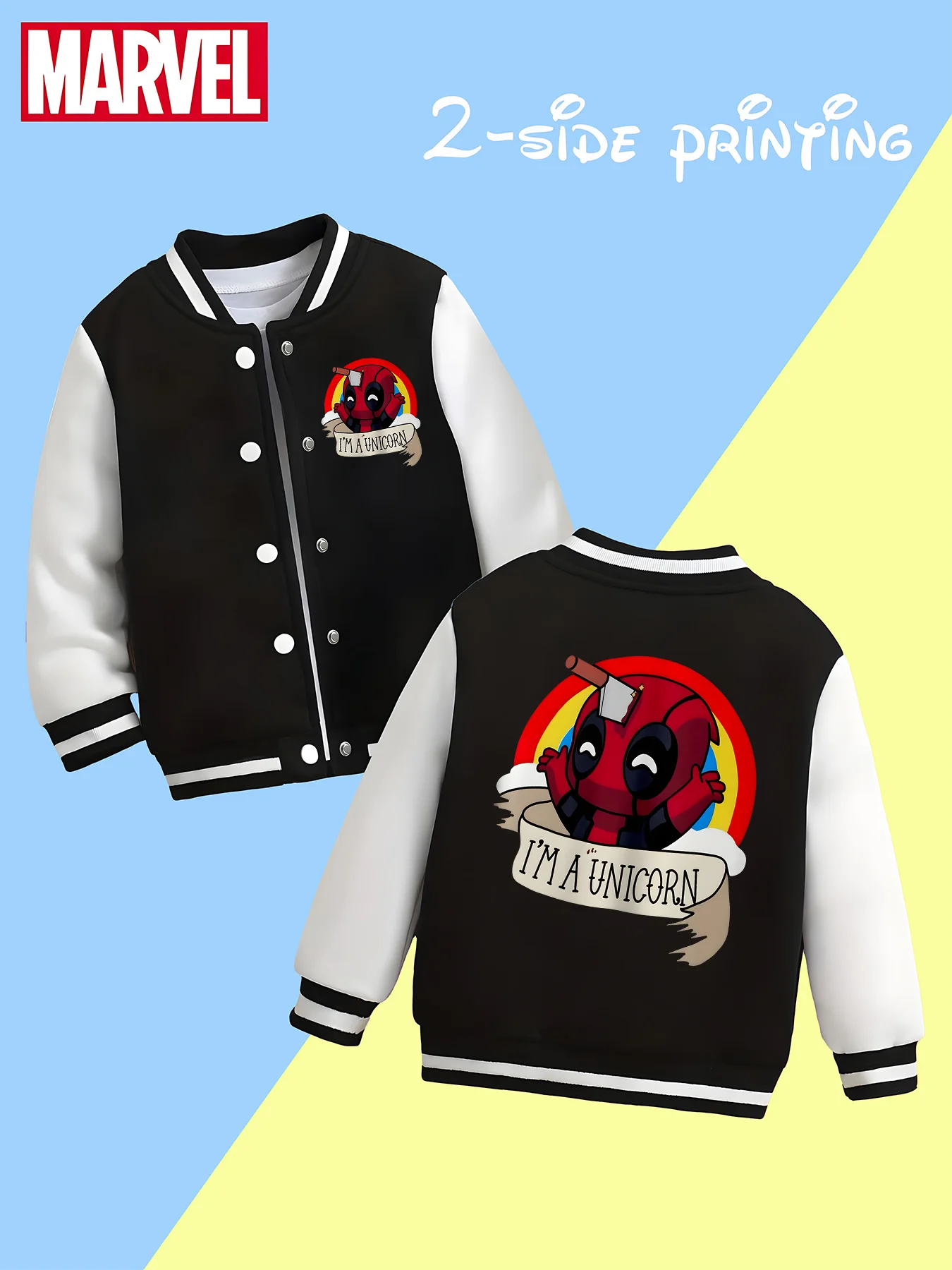 

MINISO Marvel Boys' Baseball Jacket - Deadpool's fun "Unicorn" double-sided pattern, soft fabric