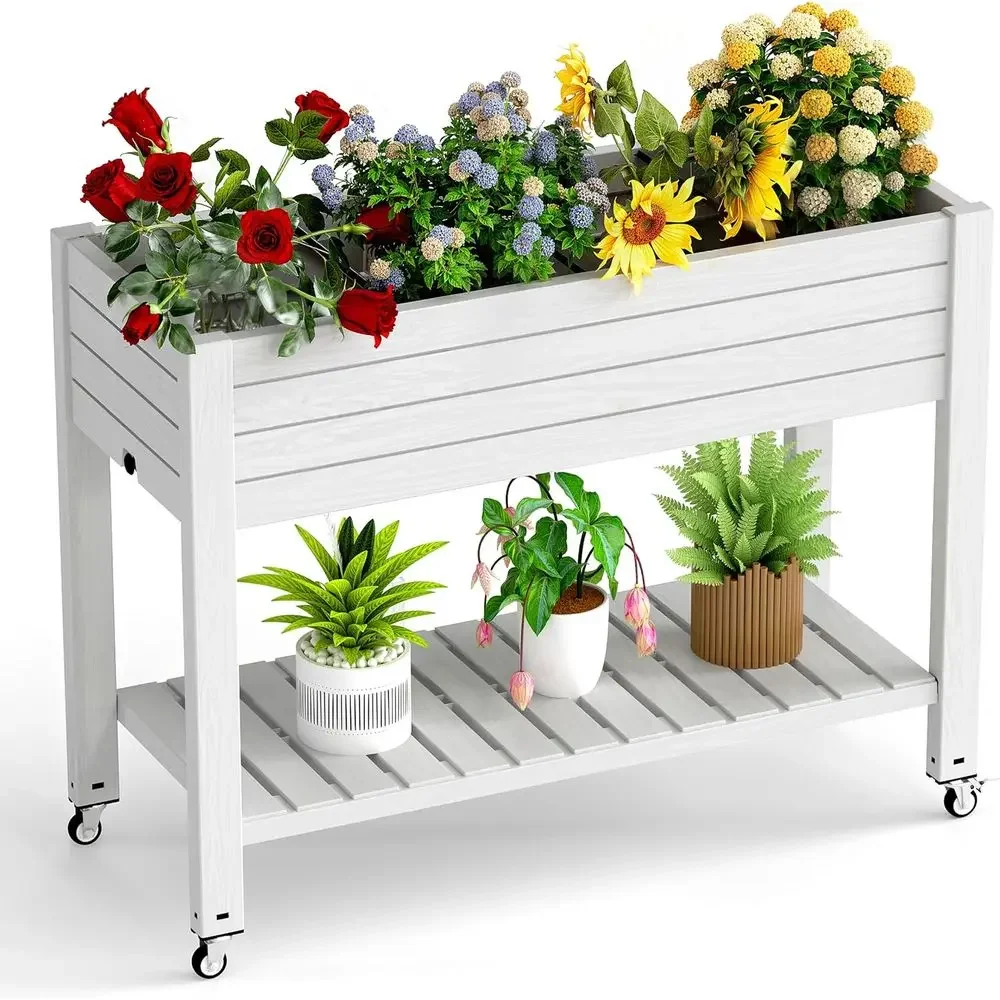 Raised Garden Bed with Legs and Wheels, Resin Planter Box for Backyard, Patio, Balcony, Storage Shelf Included
